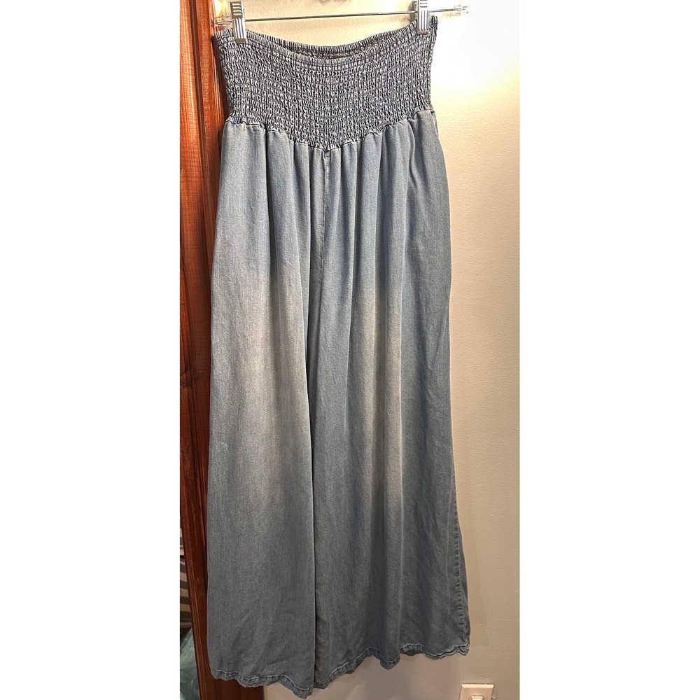 Oli & Hali Blue Chambray Wide Leg Smocked Waist Pants Womens Large Boho Flowy